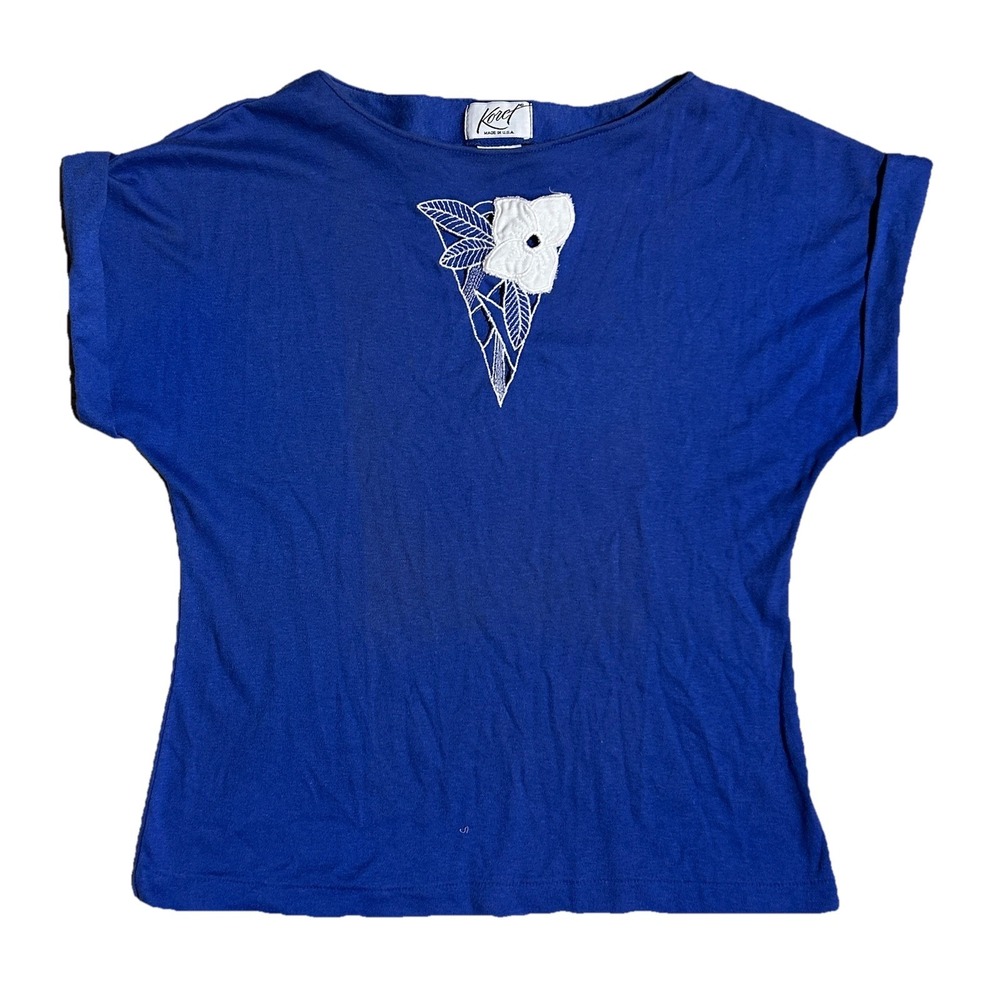 Vintage Koret Blue Floral Appliqué Short Sleeve Top Women's XS/S